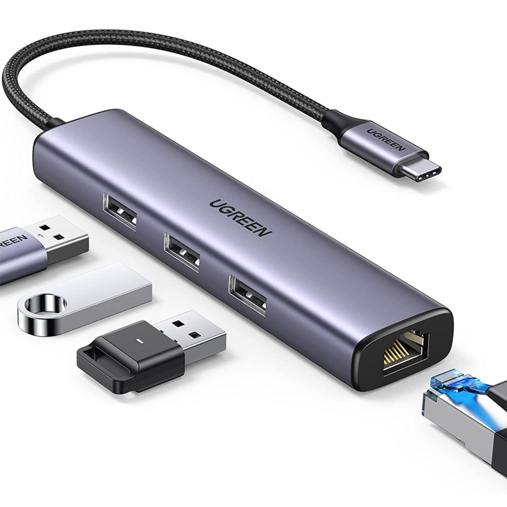 UGREEN HUB 4in1 USB 3.0 to 3*USB 3.0 + Gigabit RJ45 0.28M, Black - Image 2