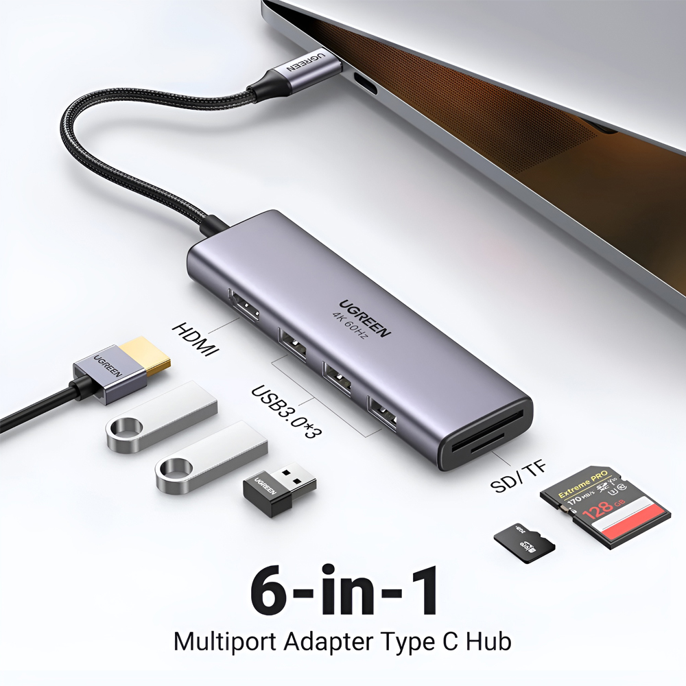 UGREEN HUB 6in1 Type-C 3.0 to HDMI 4K@60Hz + 3*USB-A 3.0 + SD/TF Converter CM511, Silver - Image 3