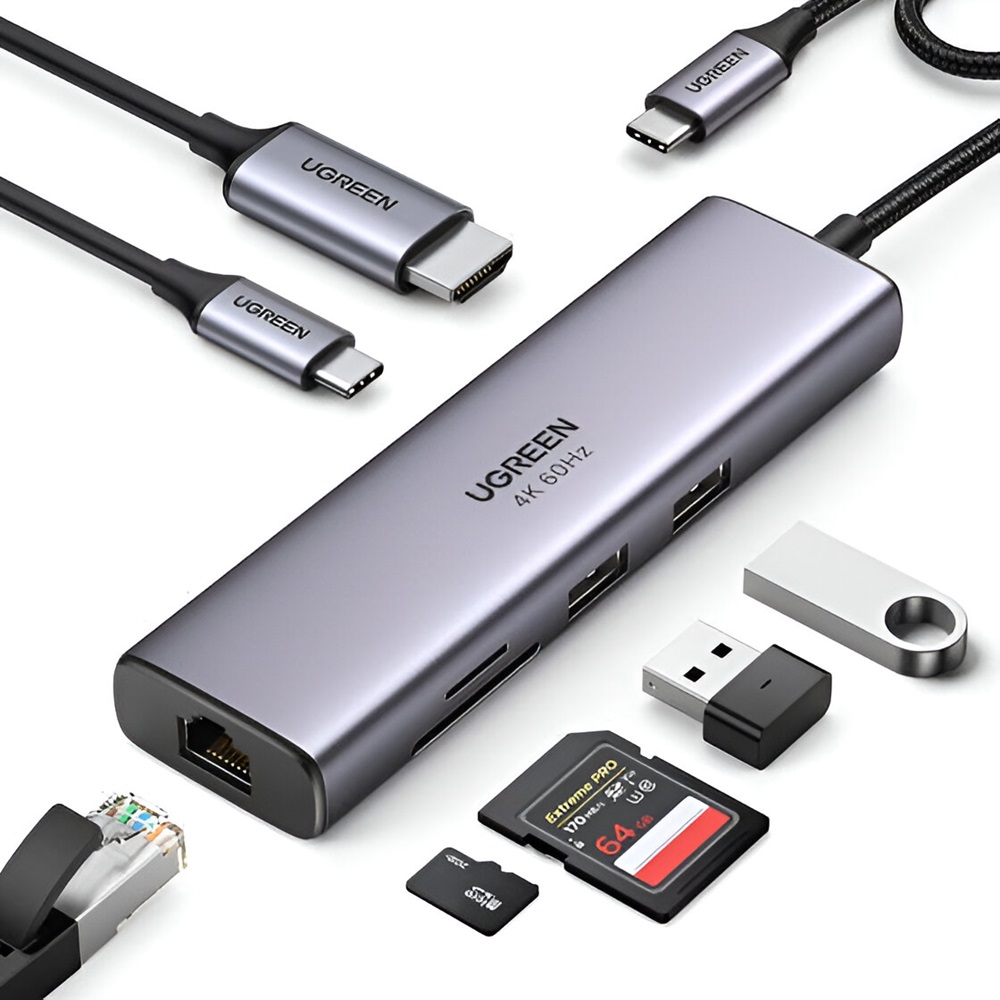 UGREEN HUB 7in1 Type-C 3.0 to + 2*USB 3.0 + HDMI + Gigabit RJ45 + SD/TF + PD 95W CM512, Grey - Image 2