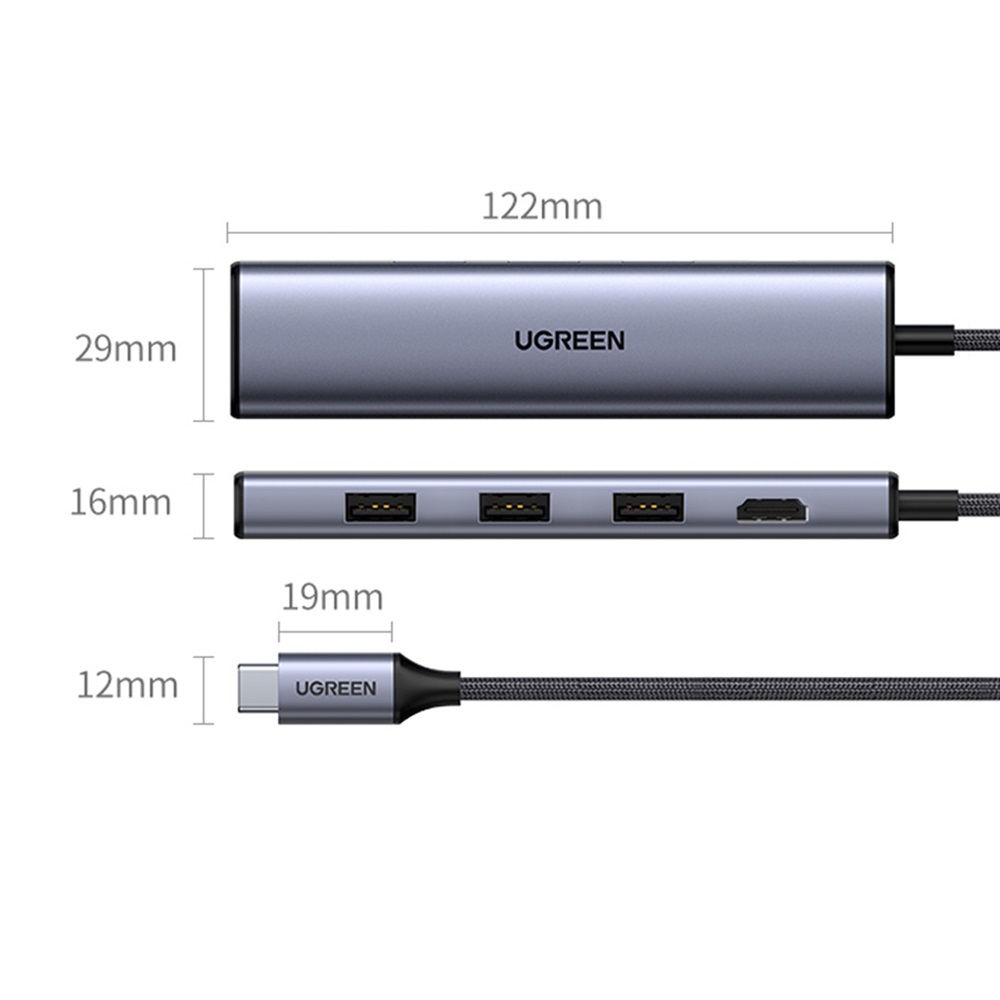UGREEN HUB 5in1 Type-C 3.0 to 3*USB 3.0 + Gigabit RJ45 CM252, Space Grey - Image 2
