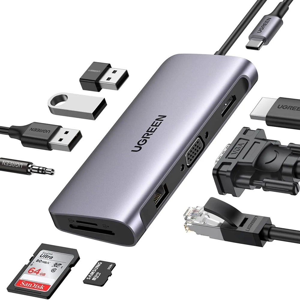 UGREEN HUB 10in1 Type-C 3.0 to 3*USB 3.0 + HDMI + VGA + Gigabit RJ45 +SD/TF + 3.5mm Audio PD 100W CM681, Space Gray - Image 2