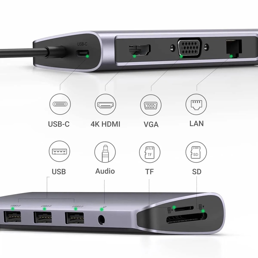 UGREEN HUB 10in1 Type-C 3.0 to 3*USB 3.0 + HDMI + VGA + Gigabit RJ45 +SD/TF + 3.5mm Audio PD 100W CM681, Space Gray - Image 3