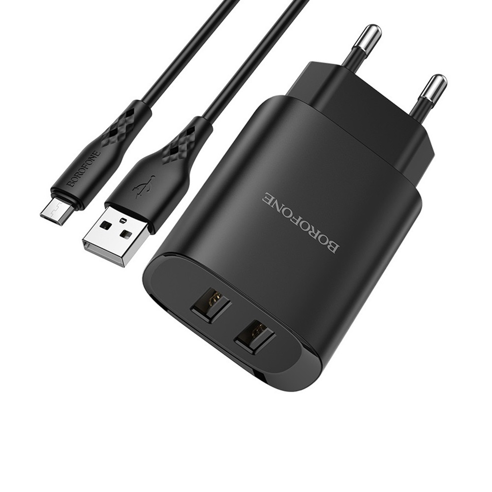 Borofone Wall Charger with Сable USB to Micro-USB 2xUSB 2.1A, Black - Image 2