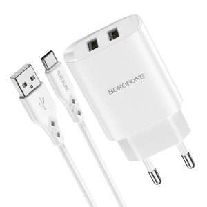 Borofone Wall Charger with Сable USB to Micro-USB 2xUSB 2.1A, White