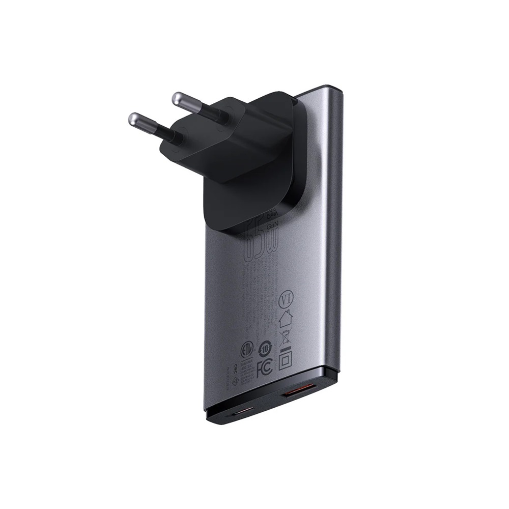 Baseus Wall Charger GaN5 Pro Ultra Slim 1*USB-A+1*Type-C 65W with Cable Type-C to Type-C 100W 1m, Gray