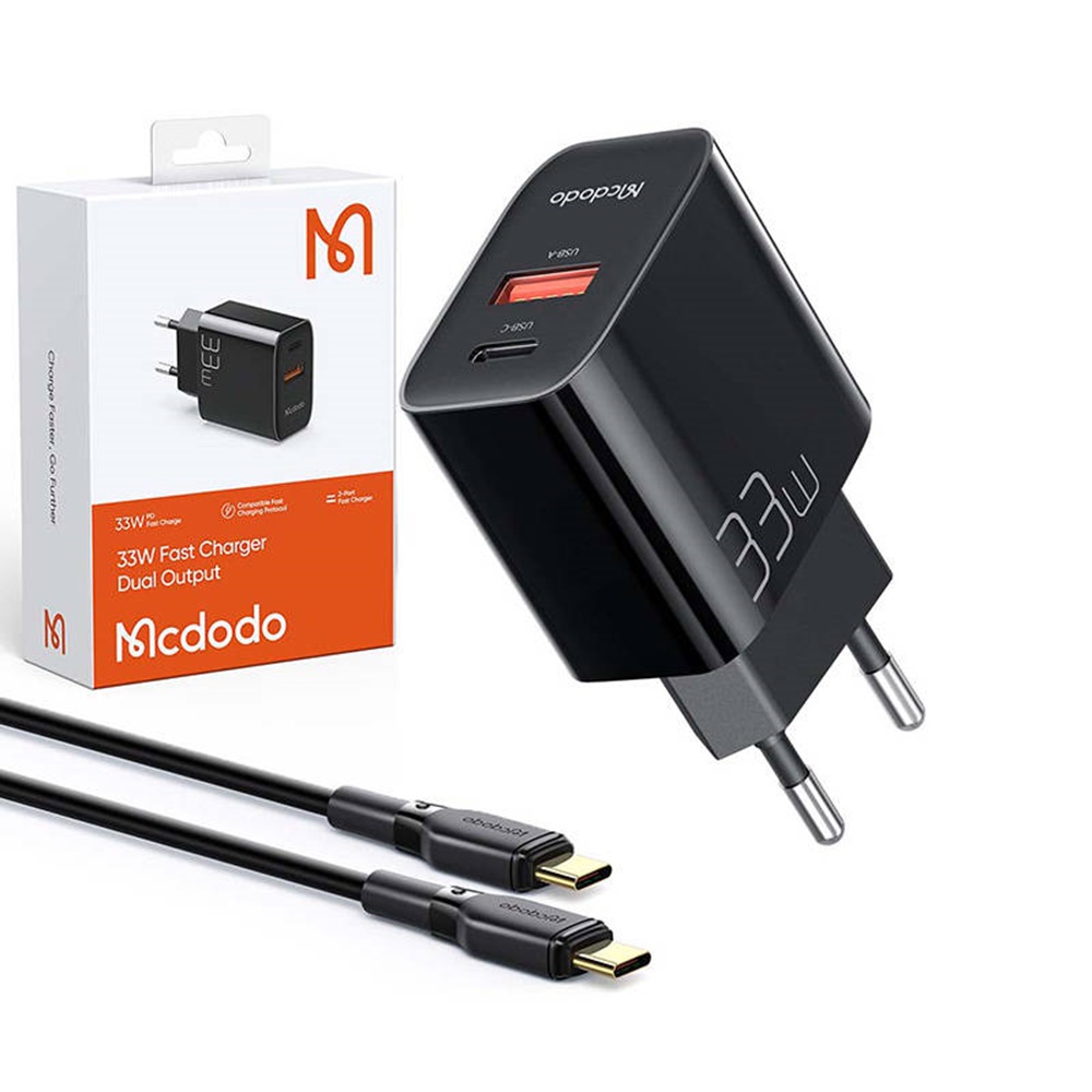 Mcdodo Wall Charger 1xUSB 1xType-C with Cable Type-C toType-C 33W, Black - Image 2