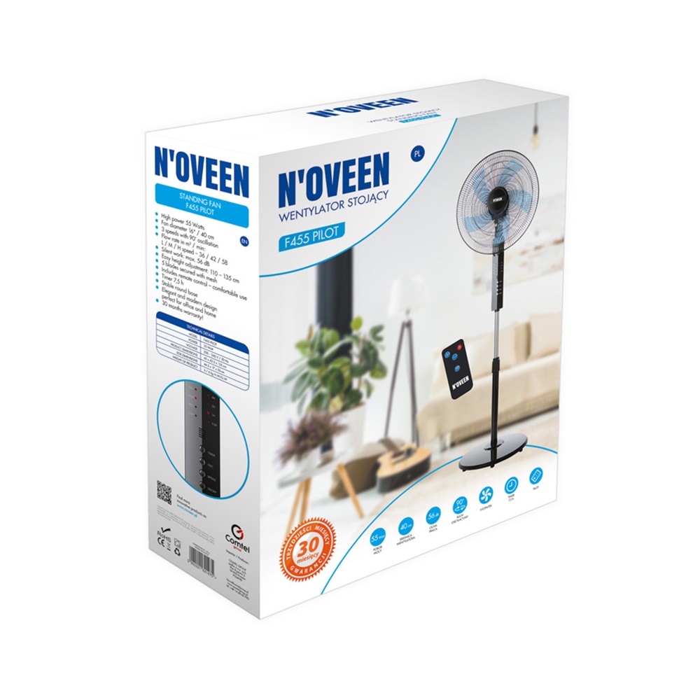 NOVEEN Standing Fan F455 16"/40cm/55W, remote control, Black - Image 3
