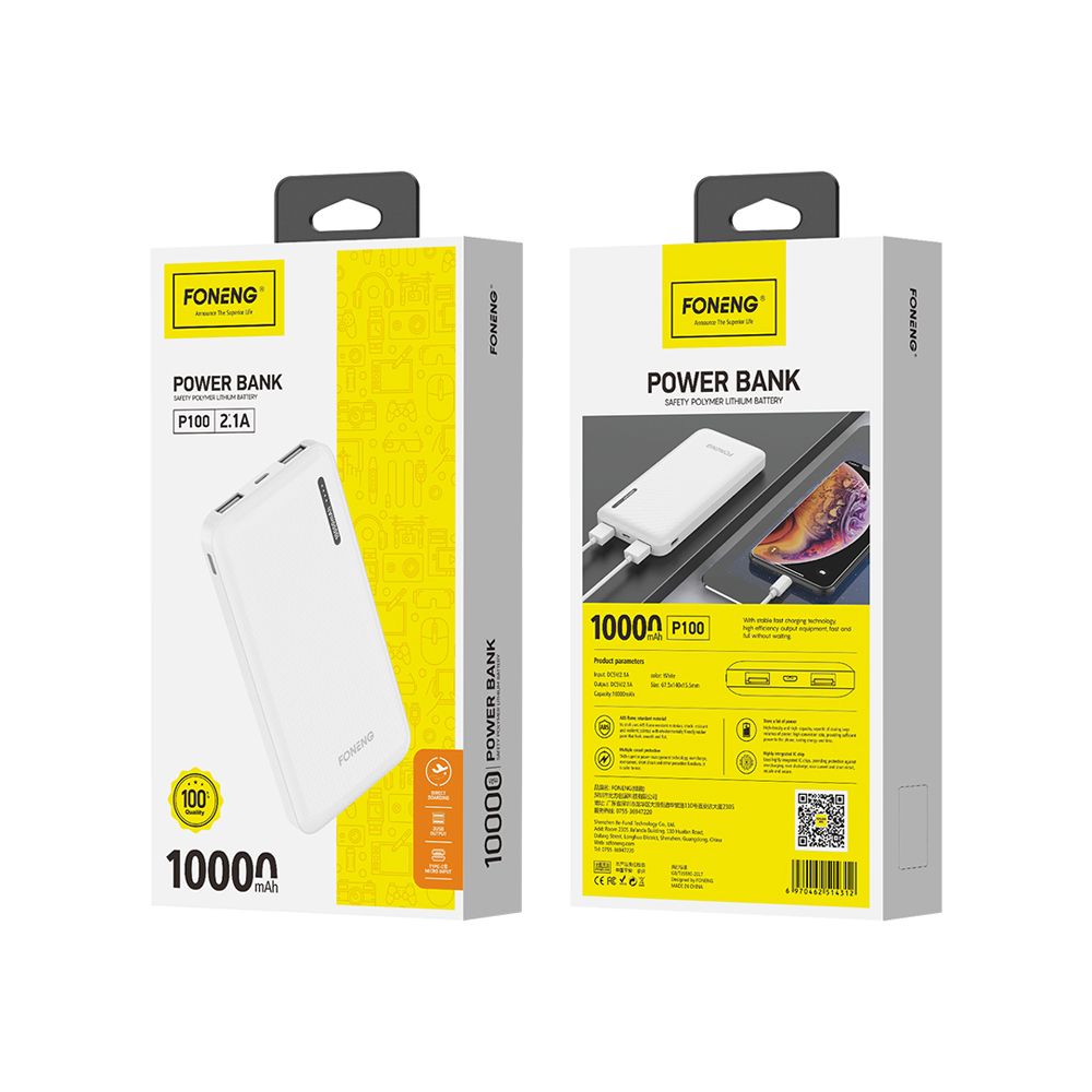 Foneng PowerBank P100 10000 mAh, White - Image 2