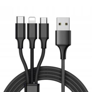 Helmet Cable USB 3in1 to Micro-USB+Type-C+Lightning Kevlar 1m, Black