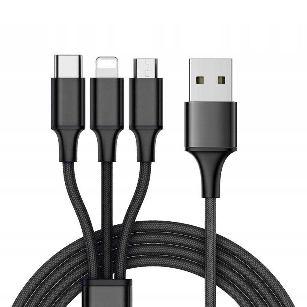 Helmet Cable USB 3in1 to Micro-USB+Type-C+Lightning Kevlar 1m, Black