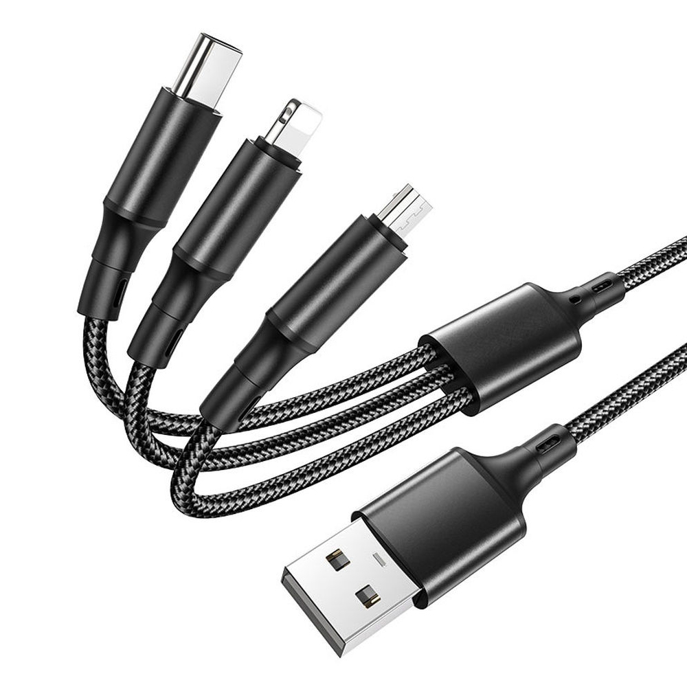 Helmet Cable USB 3in1 to Micro-USB+Type-C+Lightning Kevlar 1m, Black - Image 2