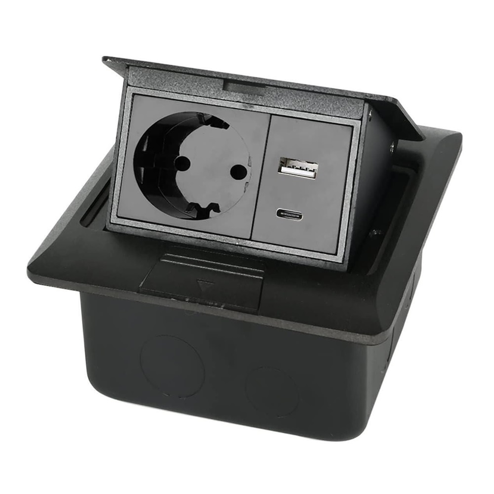 Multifunctional Desktop Socket, EU Plug, 1 Socket, 1 USB, 1 Type-C, Black
