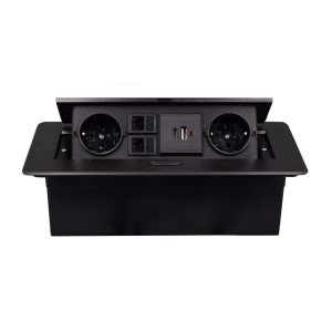 Multifunctional Desktop Socket, EU plug, 2 Sockets,1 USB,1 Type-C, 2 Network. Black