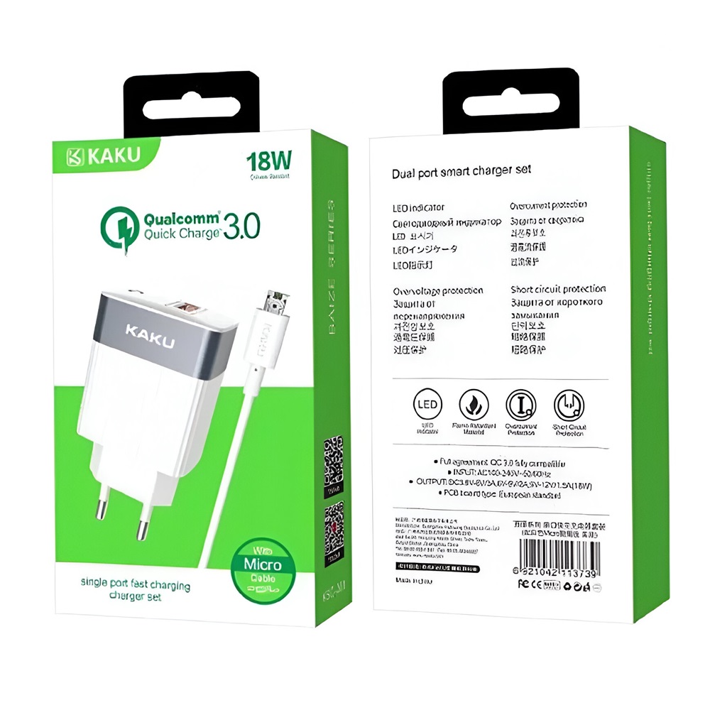 Ksiga Wall Charger with Cable USB to Micro-USB 18W KSC-369 Baize, White - Image 3