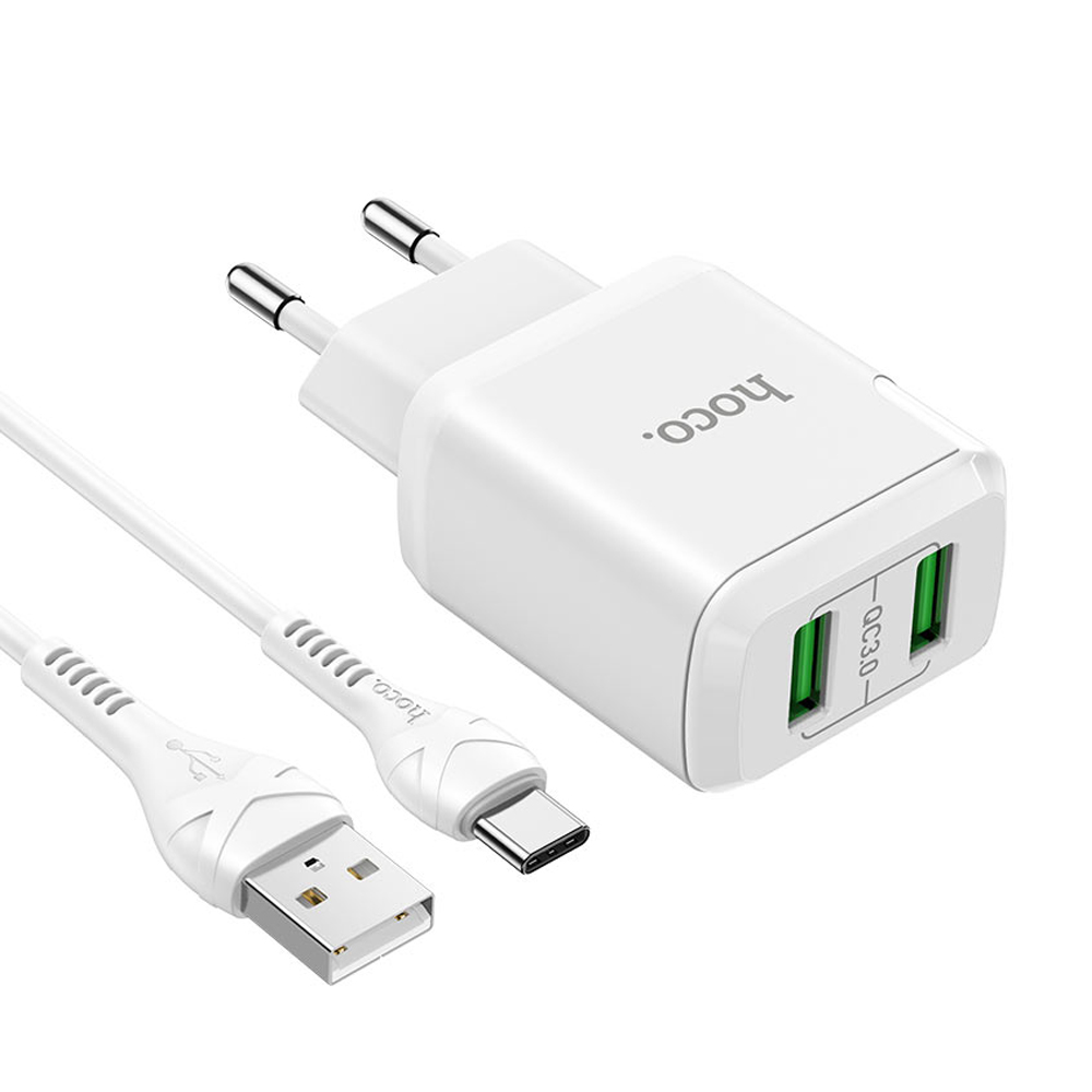 Hoco N6 Charmer Dual Port QC3.0 Charger Set(Micro)(EU), White