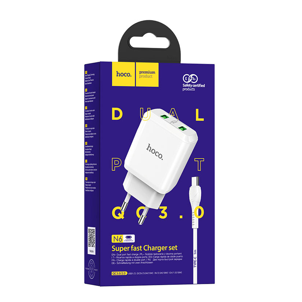 Hoco N6 Charmer Dual Port QC3.0 Charger Set(Micro)(EU), White - Image 3