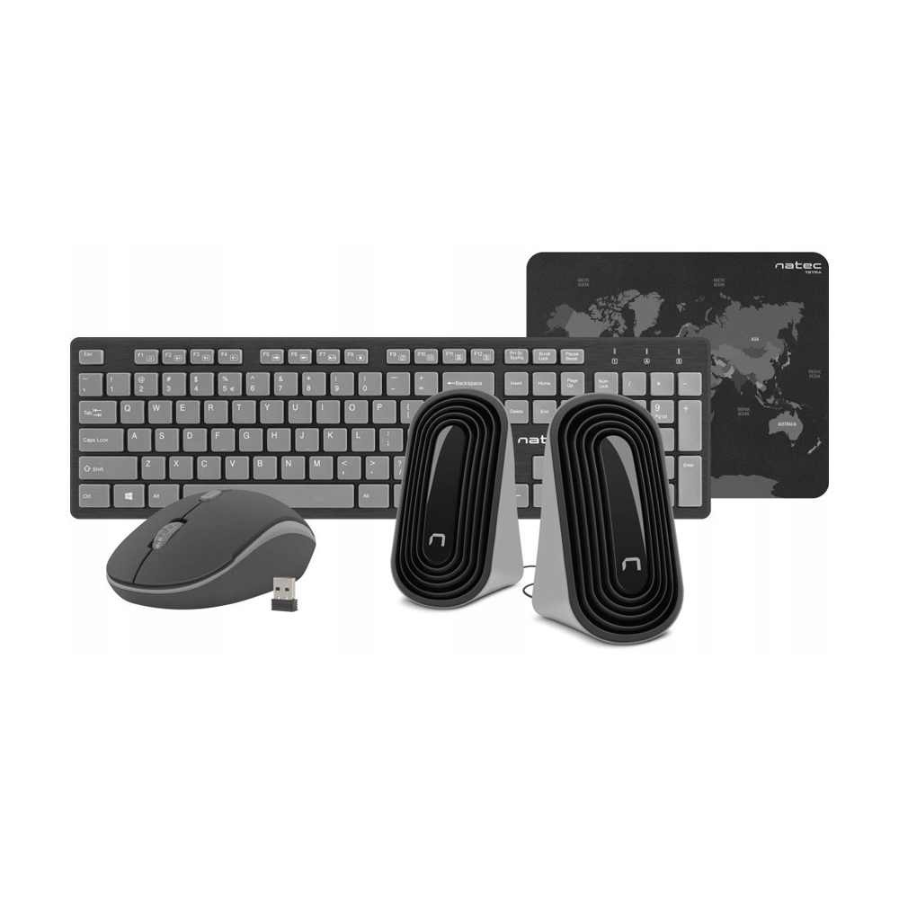 Natec Wireless Combo Keyboard+Mouse+Mouse Pad+Speakers Tetra, Black/Grey