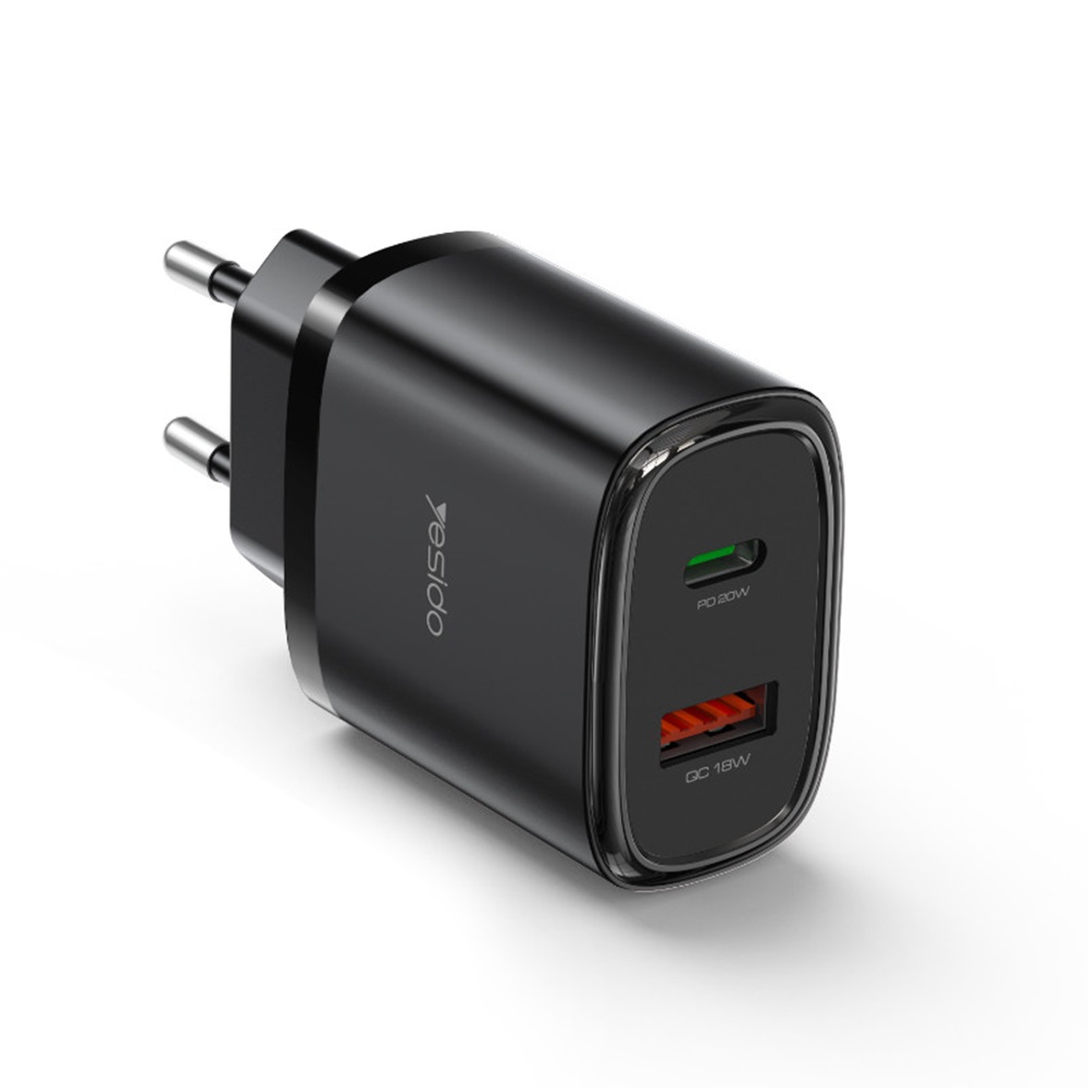 Yesido Wall Charger 20W 1*USB-A+1*Type-C with Cable Type-C to Type-C 20W YC50, Black - Image 2