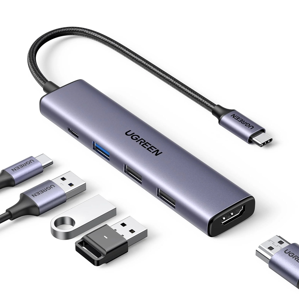 UGREEN HUB 5in1 USB-C To 4K@30Hz HDMI + 2*USB-A 2.0 + 1*USB-A 3.0 PD 100W, Grey - Image 2