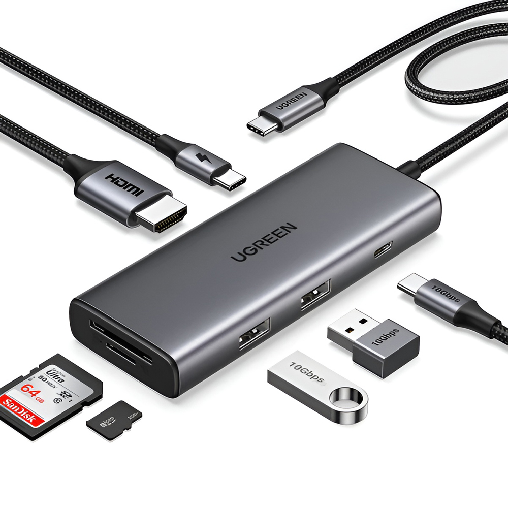 UGREEN HUB 7in1 Revodok Pro 107 Type-C to 2*USB-A 3.0 + 2*Type-C + HDMI+SD/TF 100W PD CM498, Space Gray - Image 3