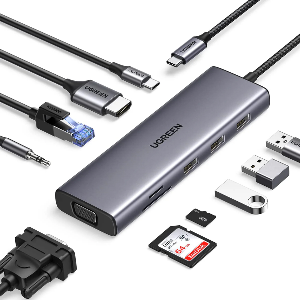 UGREEN HUB 10in1 Type-C to 1*HDMI 4K@60Hz + 3*USB-A 3.0 + VGA + LAN + Audio 3.5mm+SD/Micro+ PD 100W CM498, Space Gray - Image 2