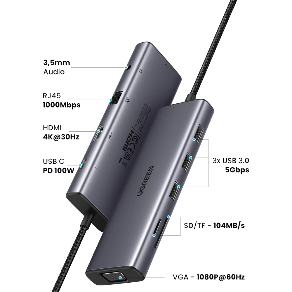 UGREEN HUB 10in1 Type-C to 1*HDMI 4K@60Hz + 3*USB-A 3.0 + VGA + LAN + Audio 3.5mm+SD/Micro+ PD 100W CM498, Space Gray - Image 3