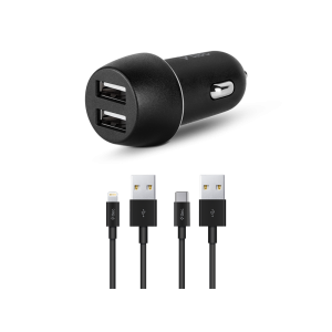 ttec Car Charger Duo 2*USB-A 3.1A with Lightning and Type-C Cable, Black