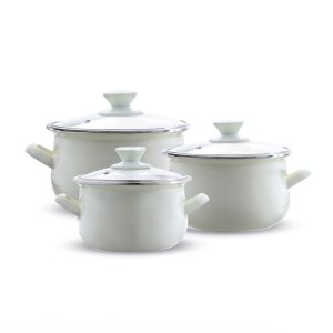 Emalia Olkusz, Set Of 6 Enameled Pots With Glass Lid, 14,16,18 Cm, Enameled Steel