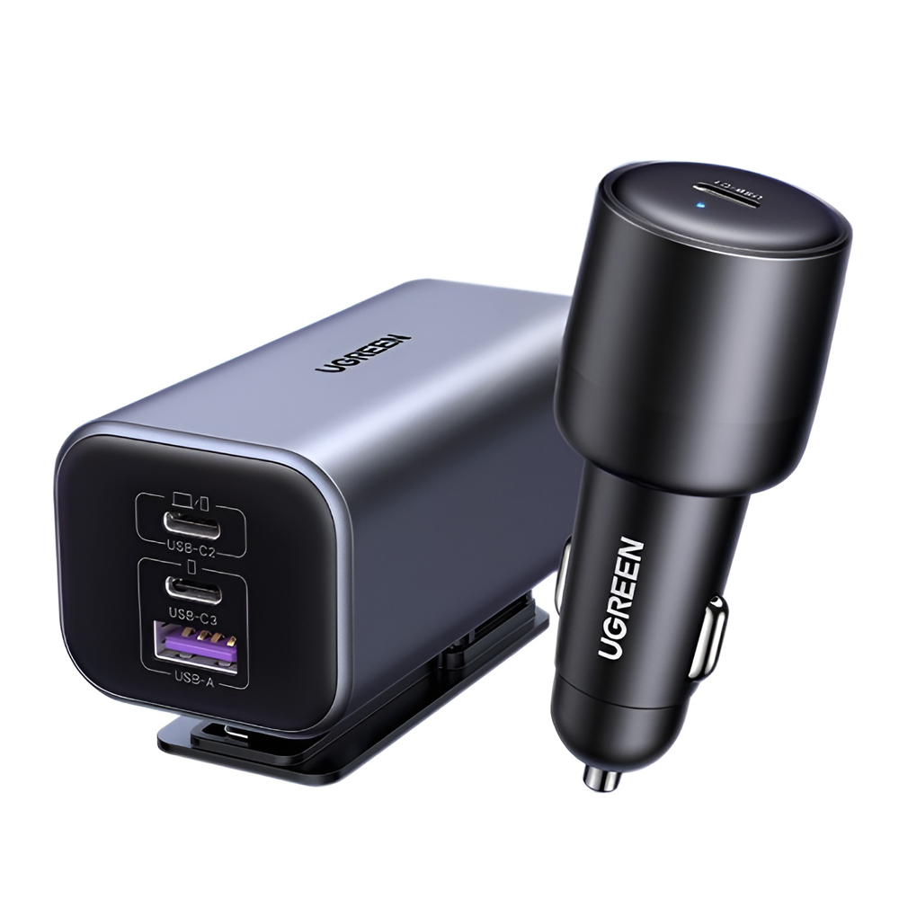 UGREEN Car Charger 2*Type-C + 1*USB-A Aluminum 150W, Grey - Image 2