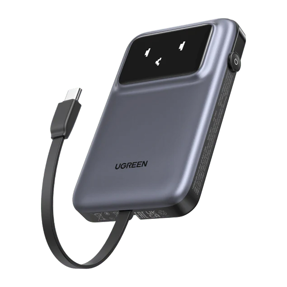 UGREEN Power Bank Uno Series 10000mAh, 30W, with Built-in USB-C Cable, Space Gray - Image 2