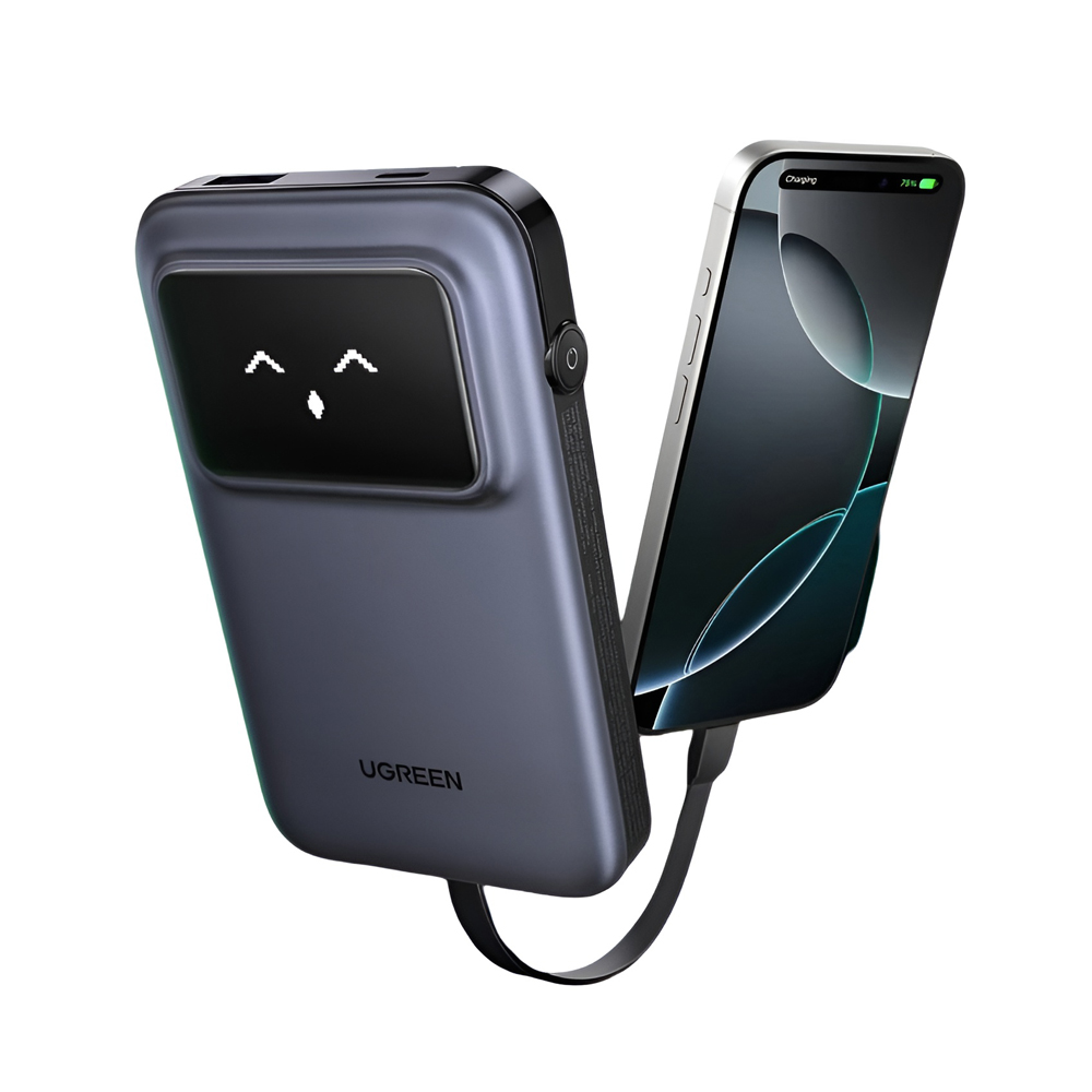 UGREEN Power Bank Uno Series 10000mAh, 30W, with Built-in USB-C Cable, Space Gray - Image 3