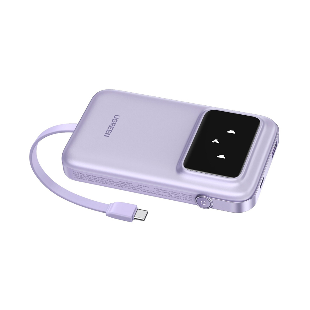 UGREEN Power Bank Uno Series 10000mAh, 30W, with Built-in USB-C Cable, Purple - Image 3