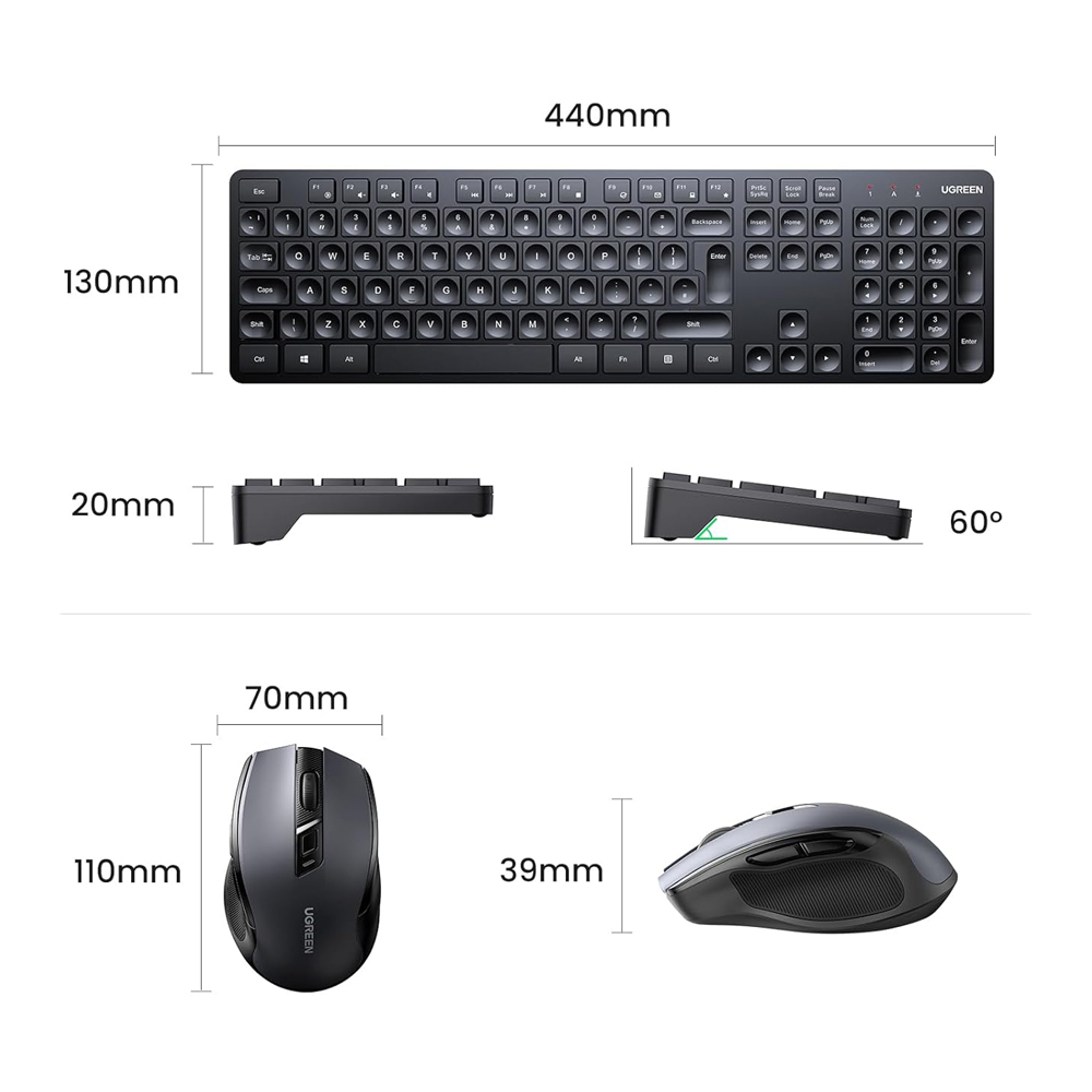 UGREEN Wireless Combo Keyboard and Mouse Ergonomic US MK006, Black - Image 3