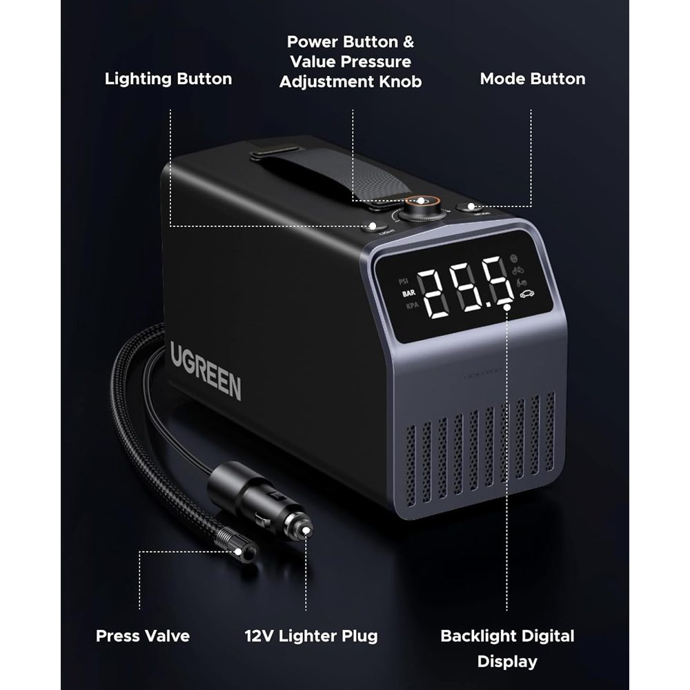 UGREEN Portable Tire Inflator Pro, 4500 mAh Battery, 150 PSI, ET723, Black - Image 3