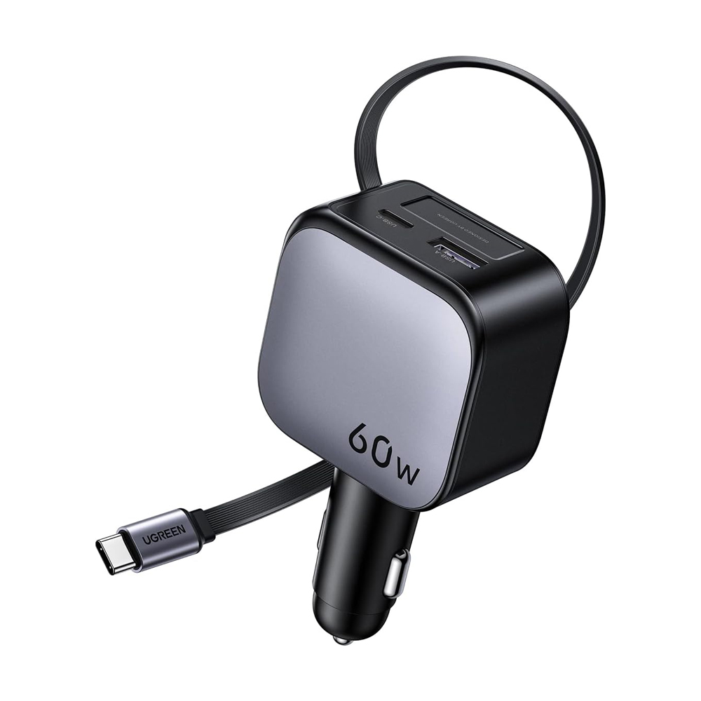 UGREEN Car Charger 1*Type-C+1*USB-A with Type-C Cable Retractable, 60W, Black | EC602 - Image 2