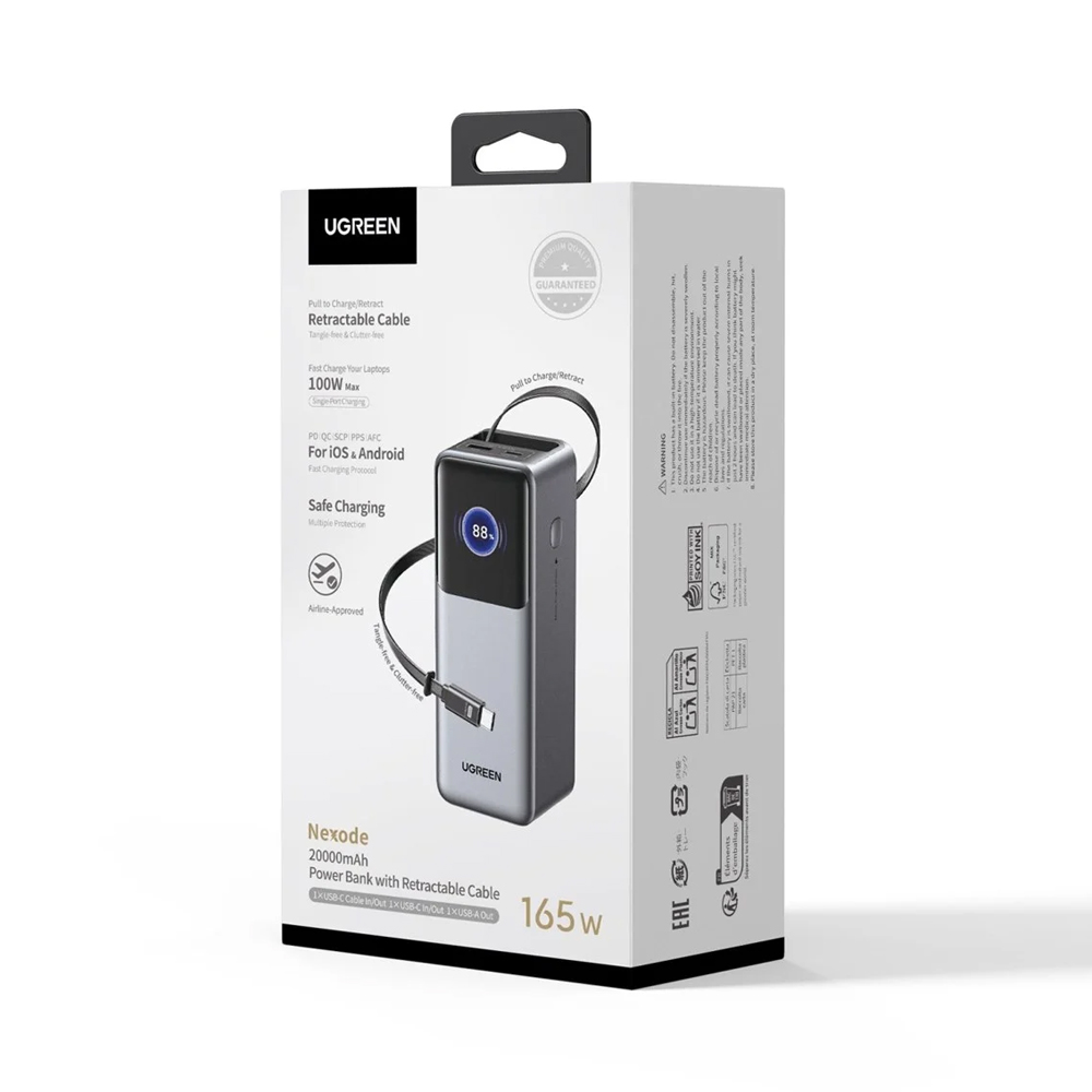 UGREEN Power Bank Nexode Flight Approved 20000mAh, 165W, with Retractable USB-C Cable, Grey - Image 2