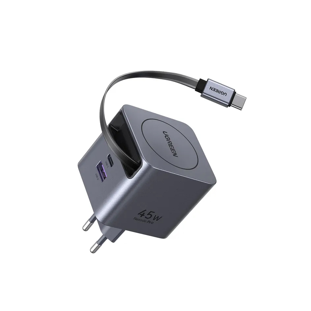 UGREEN GaN Quick Charger 1*Type-C + 1*USB-A with Cable Type-C Retractable, 45W, Black | X614 - Image 2