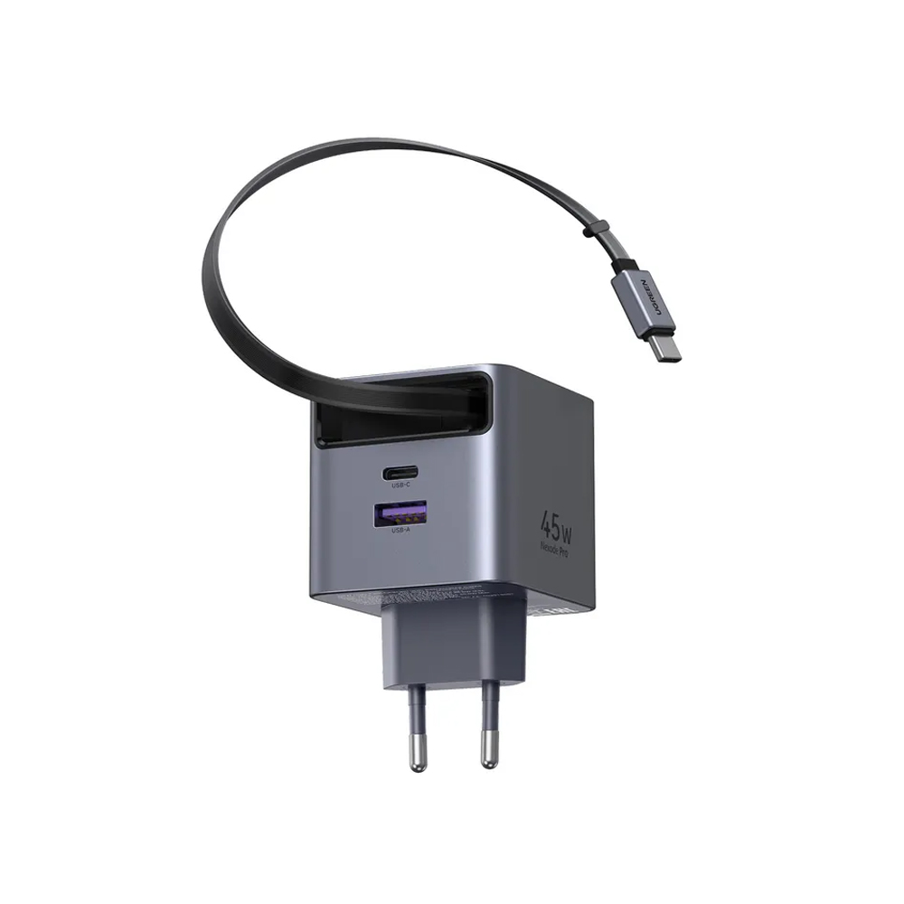 UGREEN GaN Quick Charger 1*Type-C + 1*USB-A with Cable Type-C Retractable, 45W, Black | X614 - Image 3