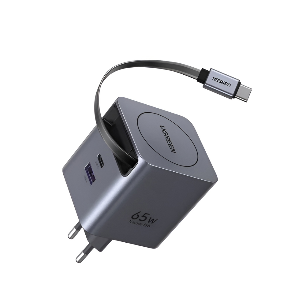 UGREEN GaN Quick Charger 1*Type-C + 1*USB-A with Cable Type-C Retractable, 65W, Black | X615 - Image 2