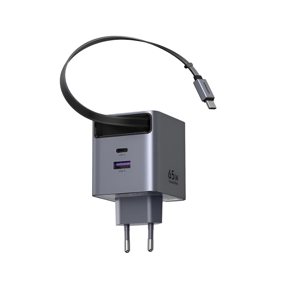 UGREEN GaN Quick Charger 1*Type-C + 1*USB-A with Cable Type-C Retractable, 65W, Black | X615 - Image 3