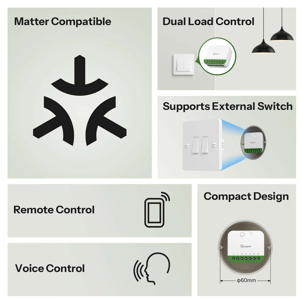 Sonoff Matter Over Wi-Fi Smart Switch MINI-2GS Mini Duo 2-Gang (Neutral Required) - Image 3