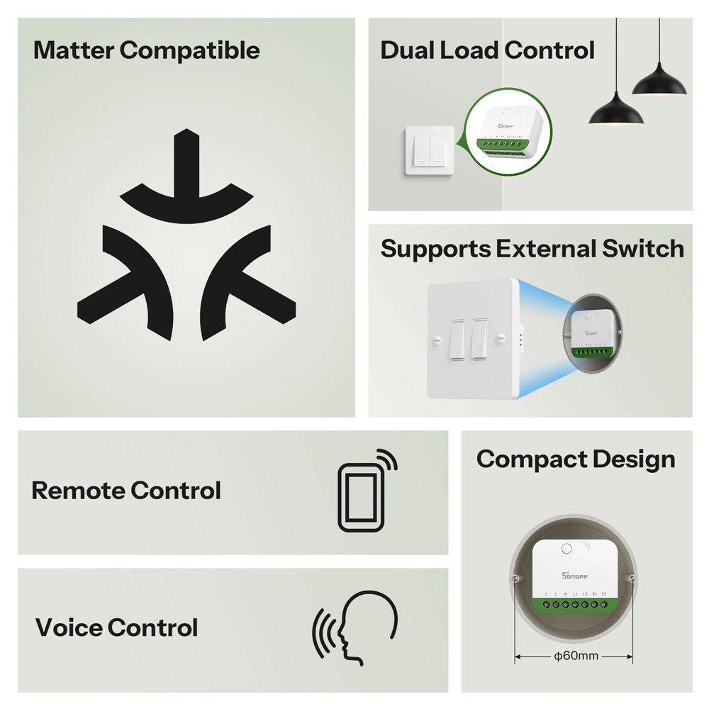Sonoff Matter Over Wi-Fi Smart Wall Switch MINI-2GS-E Mini Duo 2-Gang (Neutral Required) - Image 2