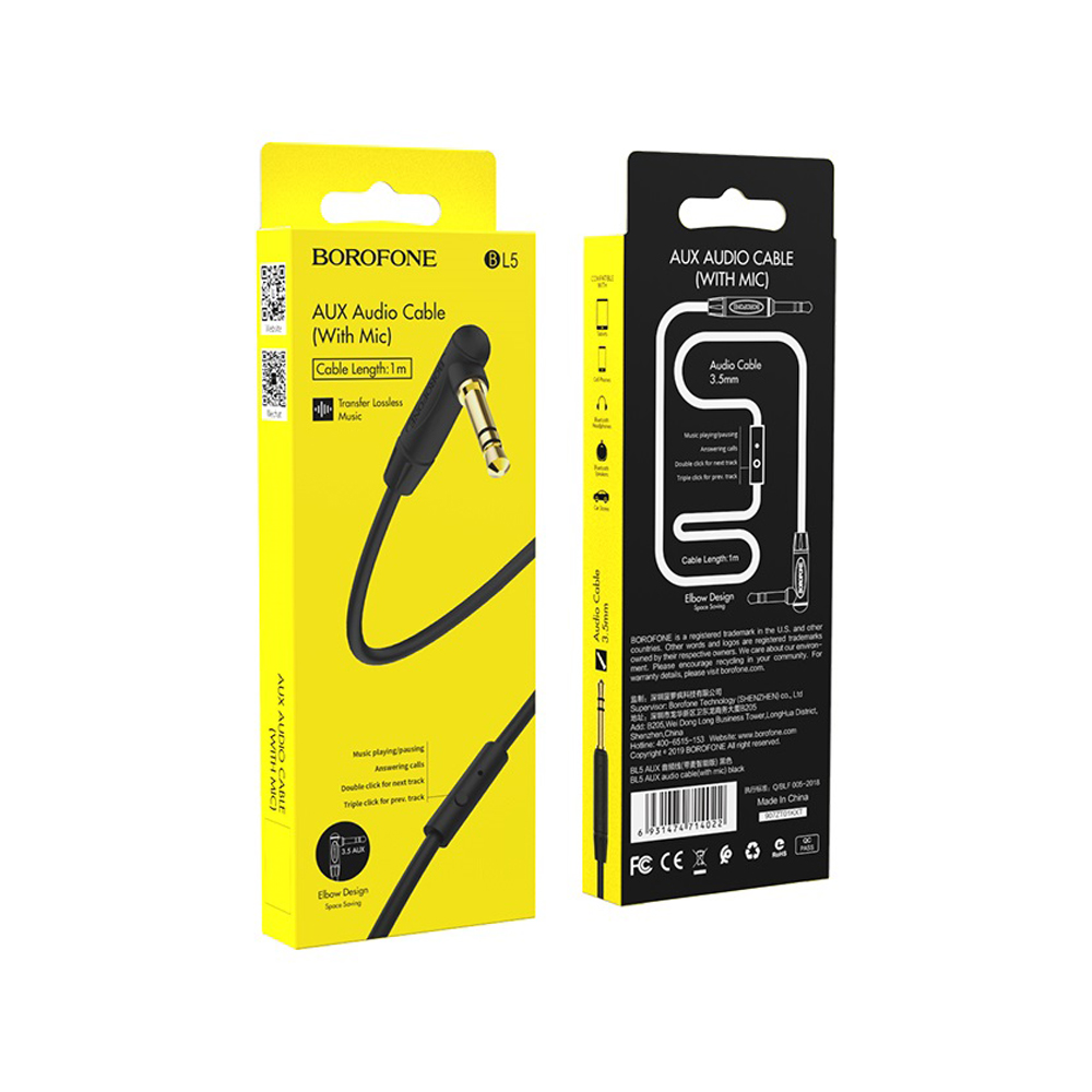 Borofone Cable Audio 3.5 to 3.5 BL5 with Mic, TPE (L=1M), Black - Image 3