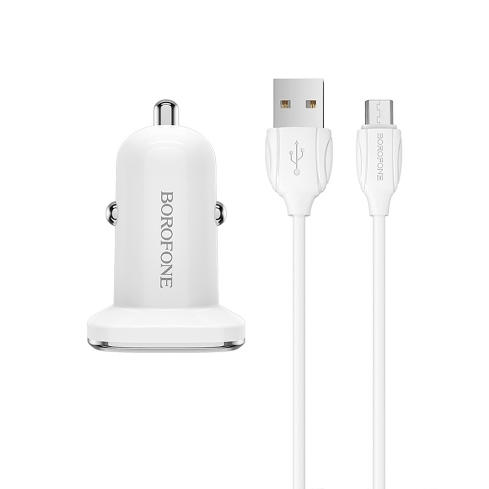 Borofone Car Charger USB QC3.0 18W (Cable USB to MicroUSB) BZ12A Lasting, White - Image 4