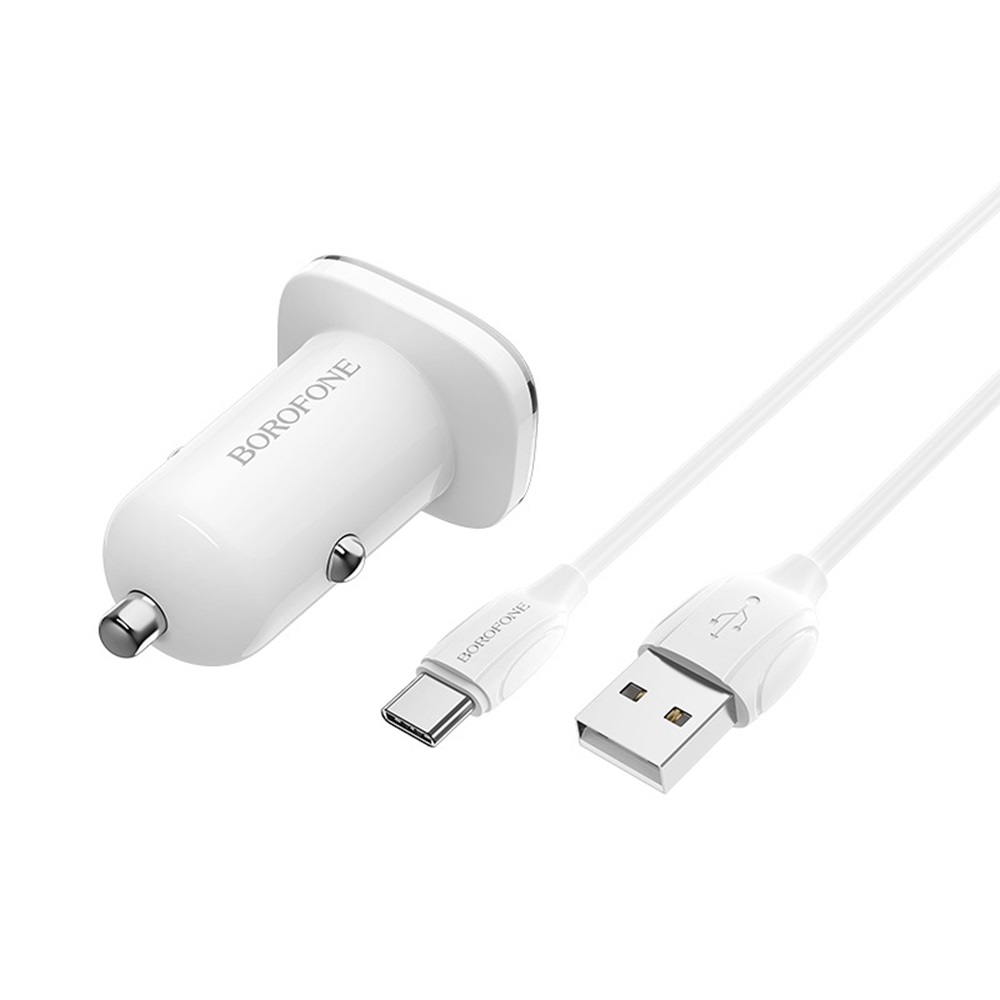 Borofone Car Charger USB QC3.0 18W (Cable USB to Type-C) BZ12A Lasting, White