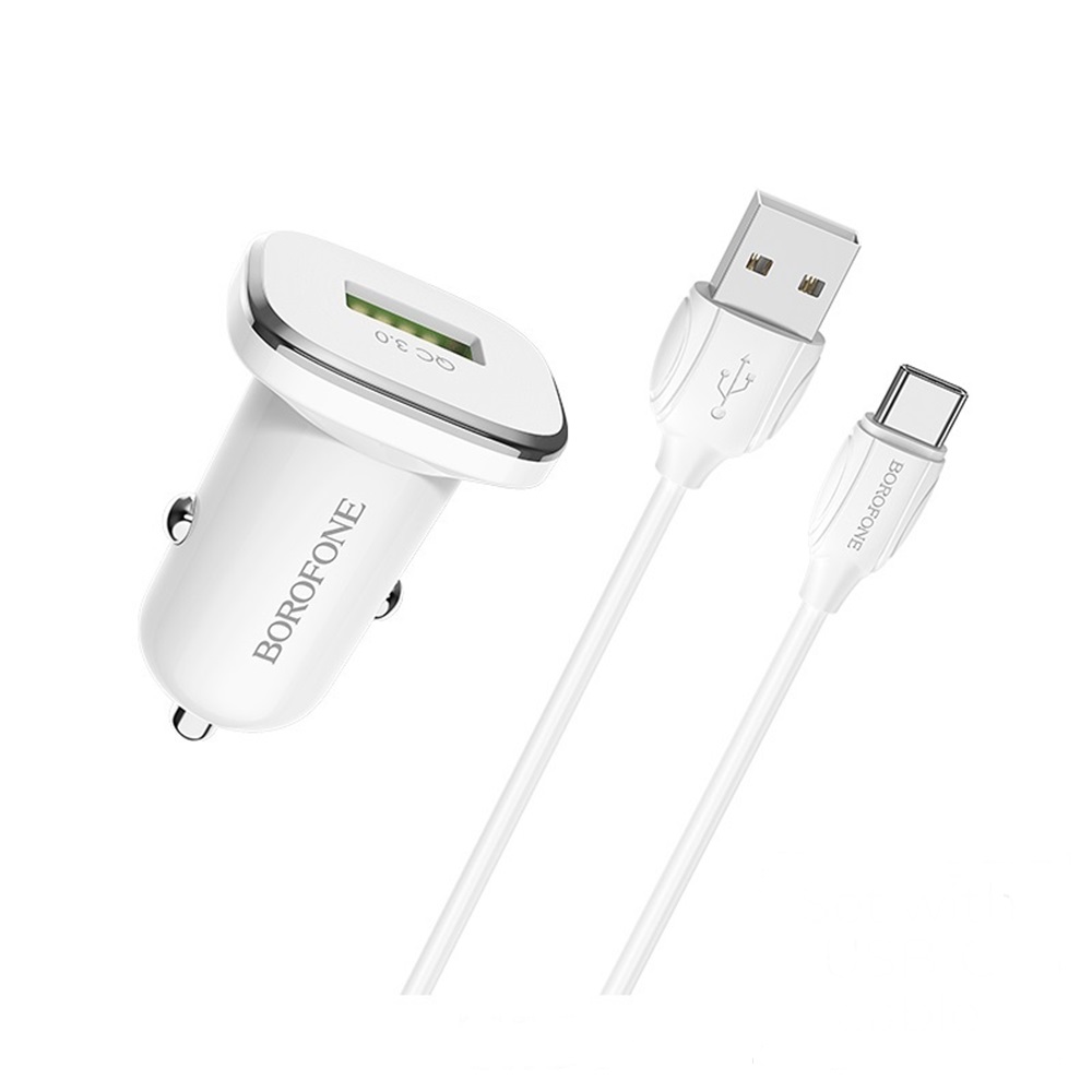 Borofone Car Charger USB QC3.0 18W (Cable USB to Type-C) BZ12A Lasting, White - Image 2
