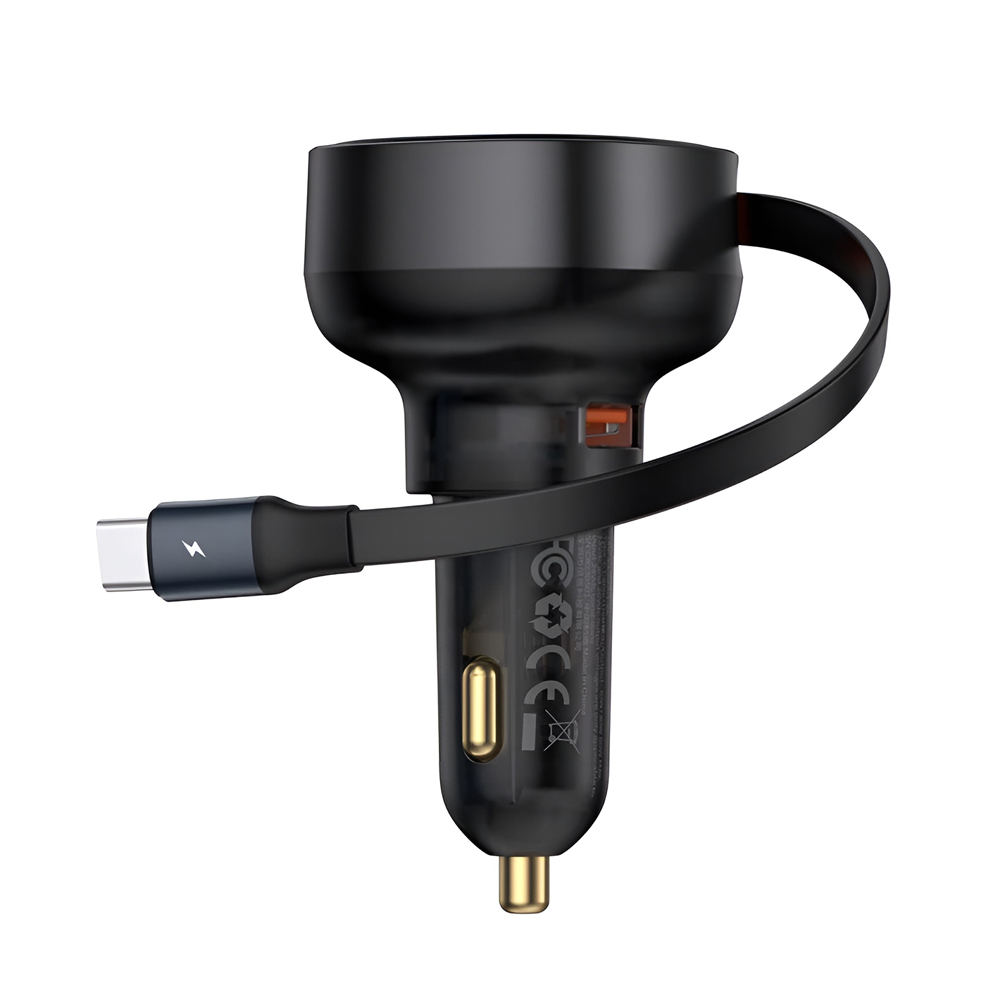 Baseus Car Charger Retractable Enjoyment Pro Type-C with Cable 60W Cluster, Black - Image 3