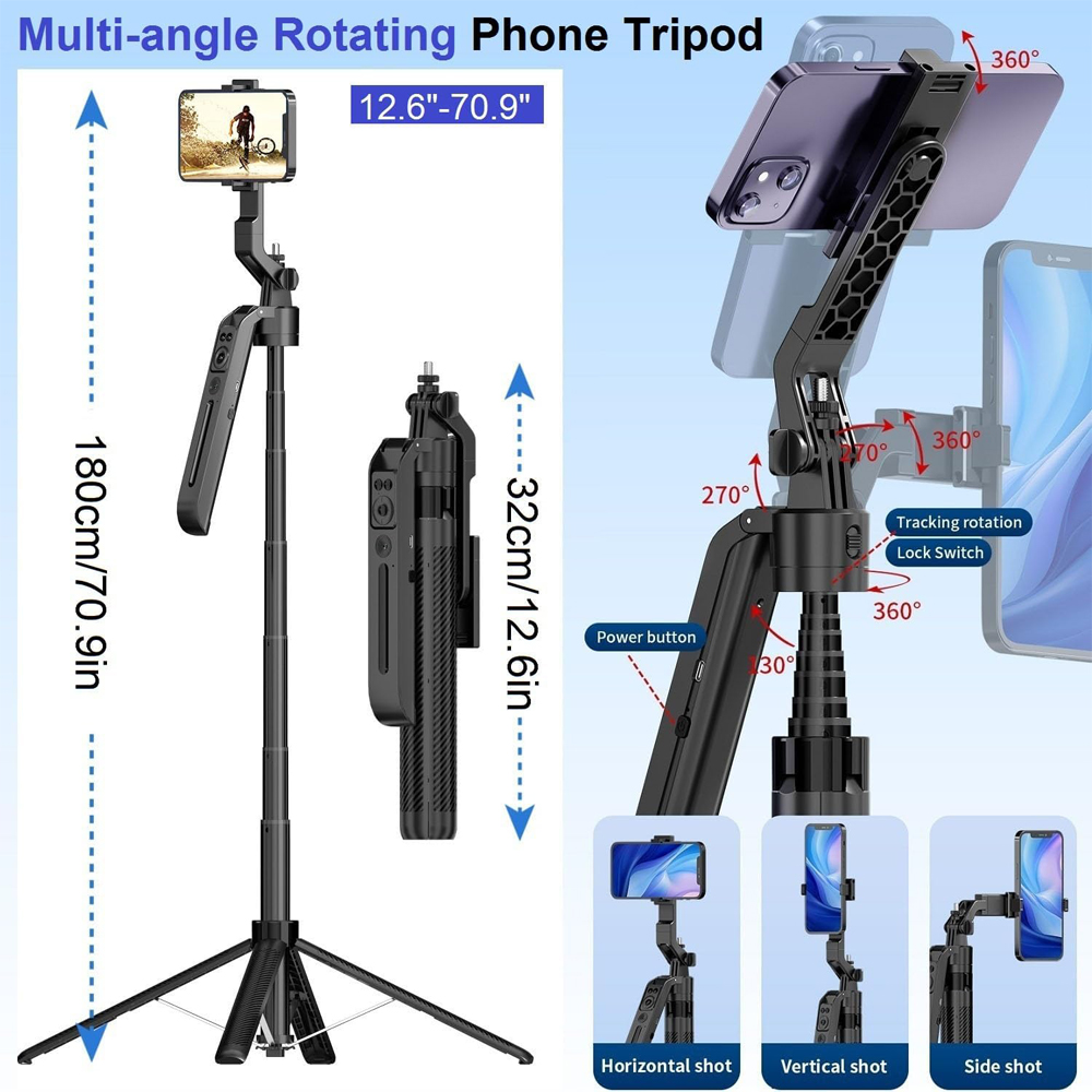 Tripod Auto Face Tracking AI 360 Removable Design With Remote Controller Selfie C12, 1,8m, Black - Image 3