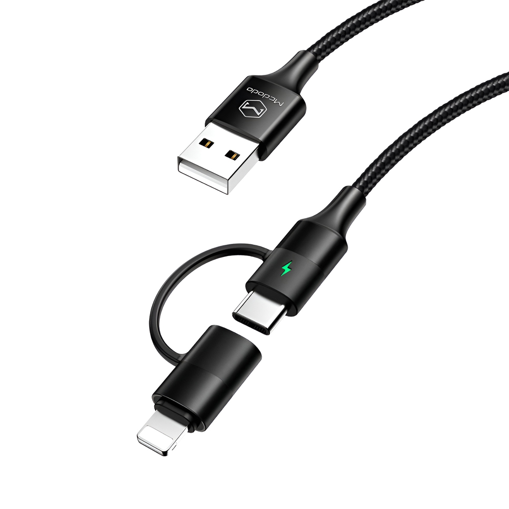Mcdodo Cable Atom Series 2 in 1 USB-A to Lightning+Type-C with LED 2.4A 1.2m, Black - Image 2