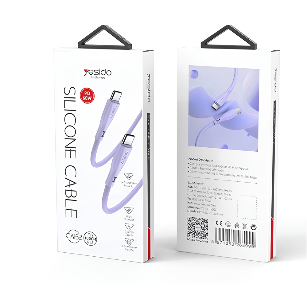 Yesido Cable Liquid Silicone Series Type-C to Type-C 60W 1m, Purple - Image 3